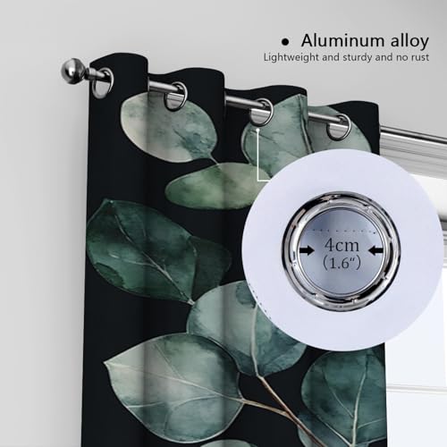 PARREN Elegancia Cortinas botánicas Hojas eucalipto Tratamiento Ventanas Cortinas Opacas con Aislamiento térmico para Dormitorio Cocina Fondo Negro W140xL260cm 2 Paneles