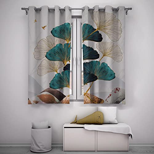 Cortinas opacas botánicas modernas con diseño de hojas de ginkgo biloba dorado, cortinas aislantes abstractas con textura verde azulado para sala de estar, 46 x 90 pulgadas, 2 paneles