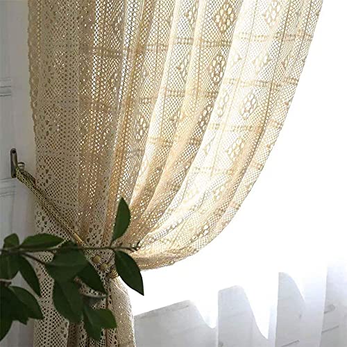Cortinas De Crochet Rústicas Para Sala De Estar En La Sala De Estar Cortina De Encaje De Punto Hueco Para Dormitorio Con Ganchos Boho Con Ventana De Algodón Par(Size:180x260cm(71x102inch),Color:beige)