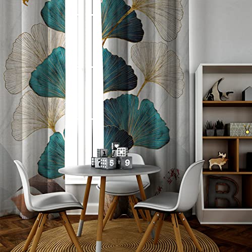 Cortinas opacas botánicas modernas con diseño de hojas de ginkgo biloba dorado, cortinas aislantes abstractas con textura verde azulado para sala de estar, 46 x 90 pulgadas, 2 paneles