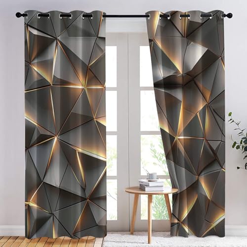 Cortinas opacas geométricas grises y doradas, modernas, triangulares, cubismo, para decoración del hogar, 167 x 183 cm, cortinas de ventana extra anchas, 2 paneles de cortinas térmicas con ojales para