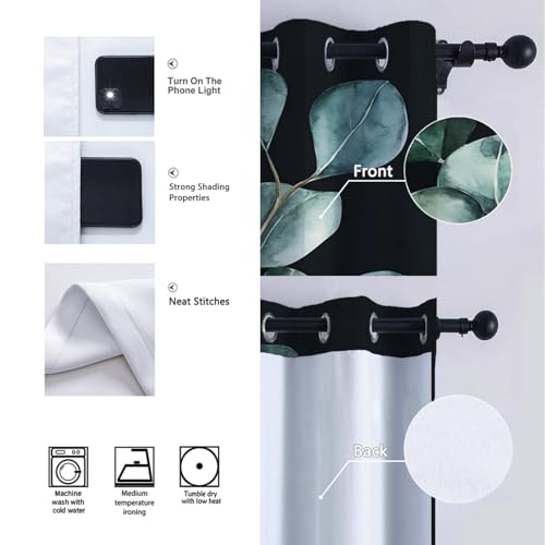 PARREN Elegancia Cortinas botánicas Hojas eucalipto Tratamiento Ventanas Cortinas Opacas con Aislamiento térmico para Dormitorio Cocina Fondo Negro W140xL260cm 2 Paneles