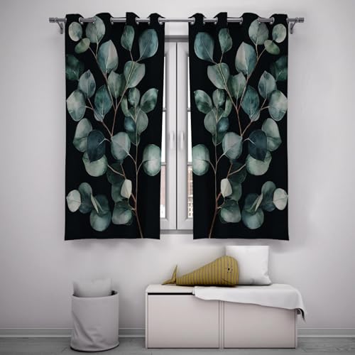 PARREN Elegancia Cortinas botánicas Hojas eucalipto Tratamiento Ventanas Cortinas Opacas con Aislamiento térmico para Dormitorio Cocina Fondo Negro W140xL260cm 2 Paneles