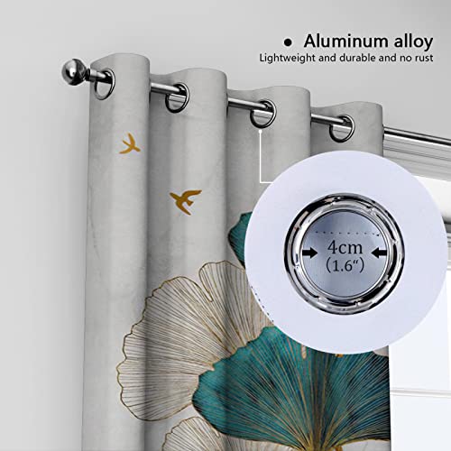 Cortinas opacas botánicas modernas con diseño de hojas de ginkgo biloba dorado, cortinas aislantes abstractas con textura verde azulado para sala de estar, 46 x 90 pulgadas, 2 paneles