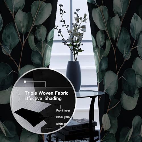 PARREN Elegancia Cortinas botánicas Hojas eucalipto Tratamiento Ventanas Cortinas Opacas con Aislamiento térmico para Dormitorio Cocina Fondo Negro W140xL260cm 2 Paneles