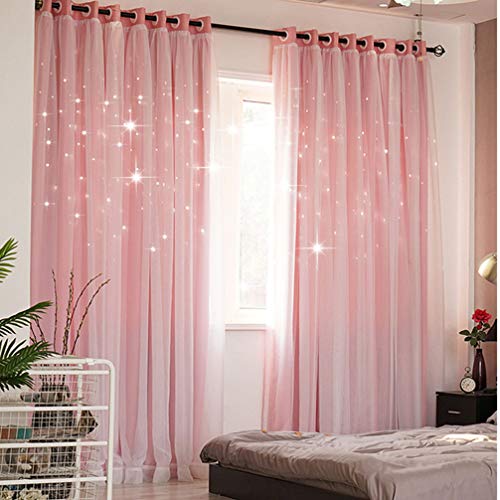 Generic Cortinas, Cortinas de Sombra, Cortinas de Sombra de Doble Capa Huecas, Cortinas de Encaje de Dormitorio en Forma de Estrella, Cubiertas de Tul, Cortinas de Sombra de Tul/Rosa/Ancho 350 * Alt