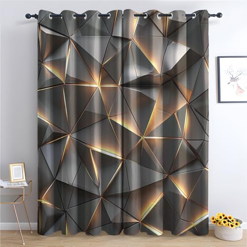Cortinas opacas geométricas grises y doradas, modernas, triangulares, cubismo, para decoración del hogar, 167 x 183 cm, cortinas de ventana extra anchas, 2 paneles de cortinas térmicas con ojales para