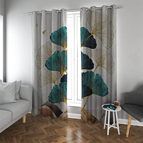 Cortinas opacas botánicas modernas con diseño de hojas de ginkgo biloba dorado, cortinas aislantes abstractas con textura verde azulado para sala de estar, 46 x 90 pulgadas, 2 paneles