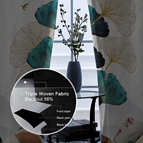Cortinas opacas botánicas modernas con diseño de hojas de ginkgo biloba dorado, cortinas aislantes abstractas con textura verde azulado para sala de estar, 46 x 90 pulgadas, 2 paneles