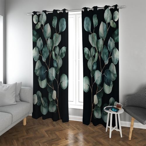PARREN Elegancia Cortinas botánicas Hojas eucalipto Tratamiento Ventanas Cortinas Opacas con Aislamiento térmico para Dormitorio Cocina Fondo Negro W140xL260cm 2 Paneles