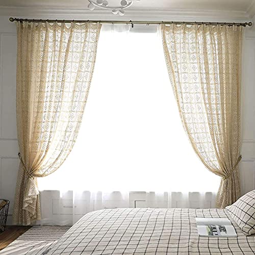 Cortinas De Crochet Rústicas Para Sala De Estar En La Sala De Estar Cortina De Encaje De Punto Hueco Para Dormitorio Con Ganchos Boho Con Ventana De Algodón Par(Size:180x260cm(71x102inch),Color:beige)