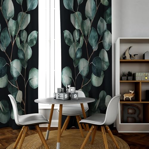 PARREN Elegancia Cortinas botánicas Hojas eucalipto Tratamiento Ventanas Cortinas Opacas con Aislamiento térmico para Dormitorio Cocina Fondo Negro W140xL260cm 2 Paneles