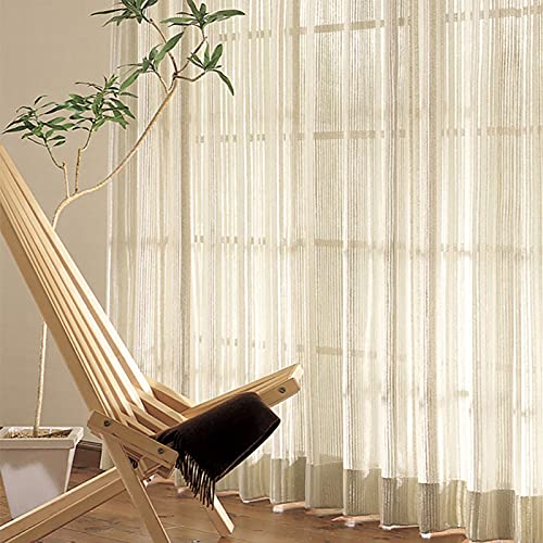 Cortinas de gasa semitransparentes de lino de estilo japonés a rayas para sala de estar, dormitorio, balcón, color beige, 350 x 270 cm con ganchos